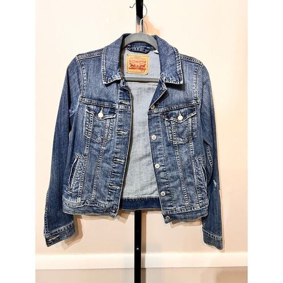 Levi Strauss Co. Trucker Denim Jacket Cropped Long Sleeves Dark Wash Womens M - Picture 1 of 8